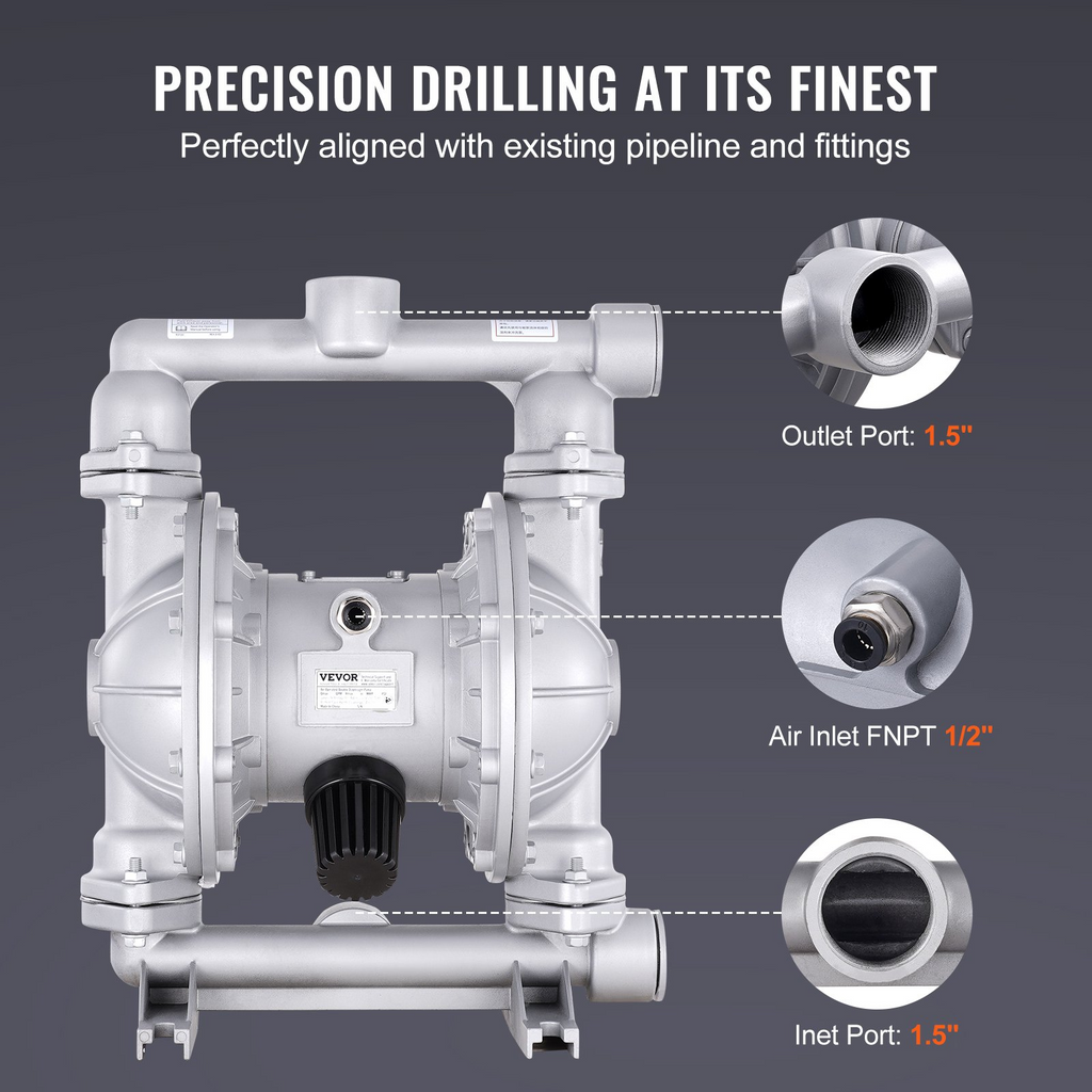 VEVOR Air Operated Double Diaphragm Pump, 44GPM, Max 115PSI Air Waste Oil Pneumatic Transfer Pump with 2 Extra Diaphragms, 1-1/2 inch Inlet & Outlet Aluminum Alloy Diaphragm Pump for Diesel Grease Oil