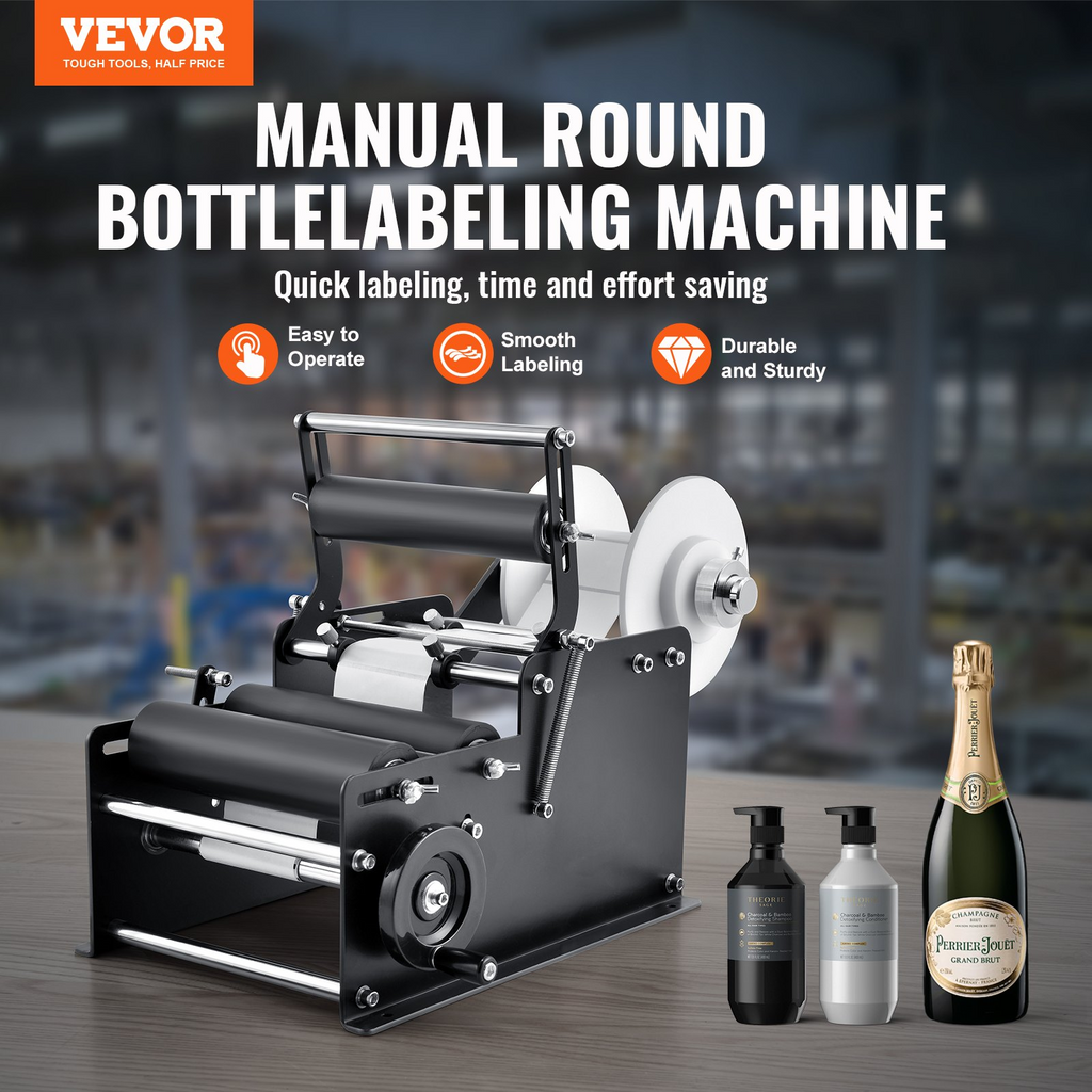 VEVOR Máquina etiquetadora redonda manual, 15-20 piezas/min, ajustable adecuada para diámetro de botella de 0,78 a 4,72 pulgadas (con barra de presión)