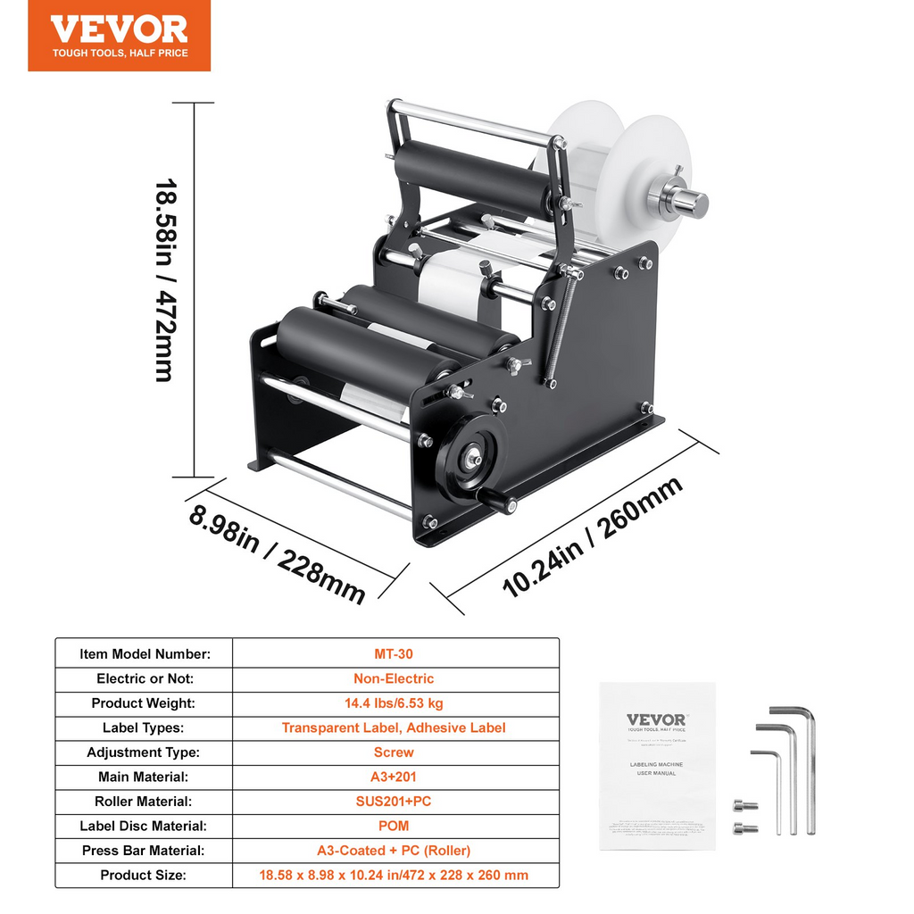 VEVOR Máquina etiquetadora redonda manual, 15-20 piezas/min, ajustable adecuada para diámetro de botella de 0,78 a 4,72 pulgadas (con barra de presión)