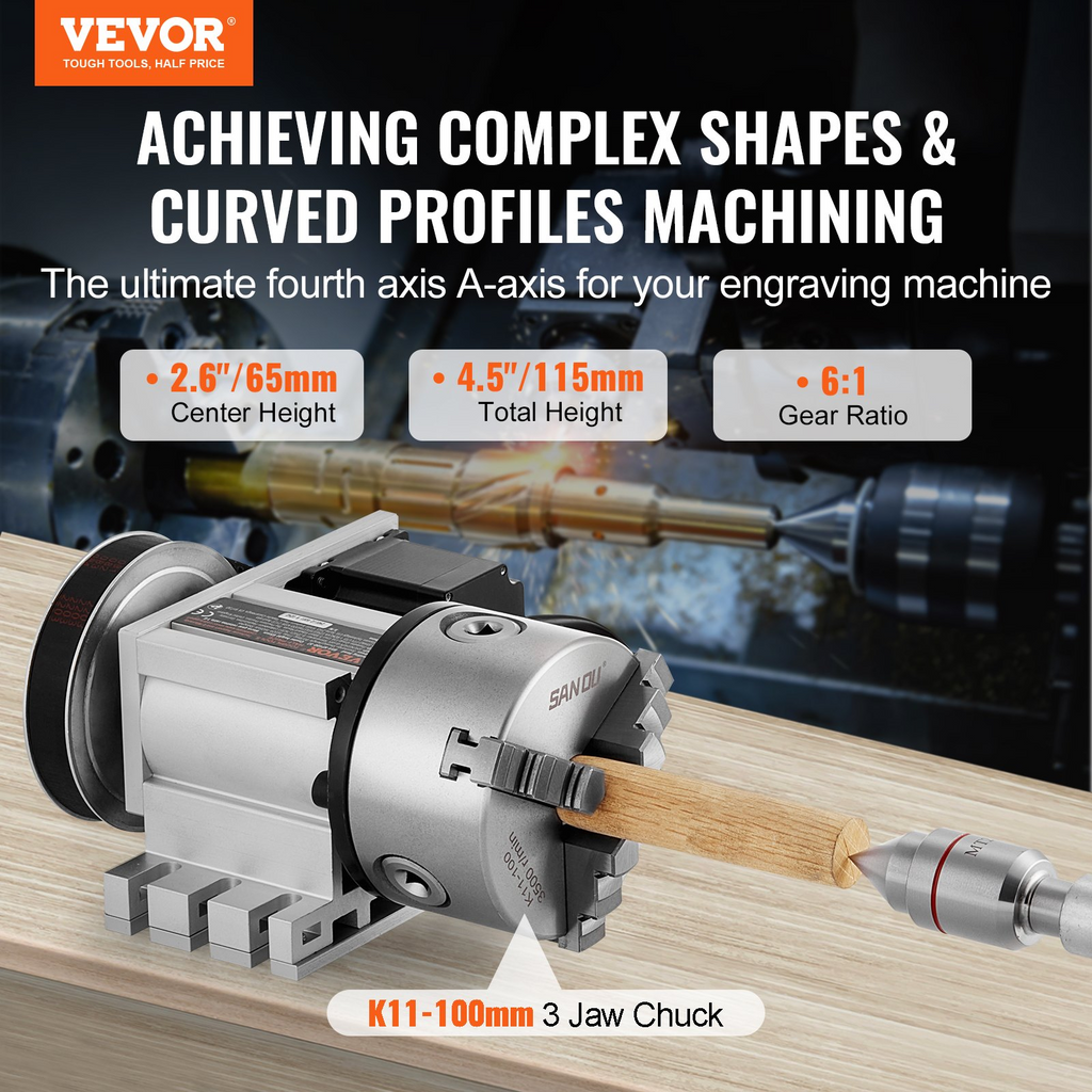 VEVOR Cabezal divisorio, mandril de 3 mordazas K11-100 mm, fresadora CNC, eje rotacional, 4to eje, cabezal indexador de eje A, altura central de 2,6"/65 mm, contrapunto MT2, relación de engranaje 6:1, universal para grabado