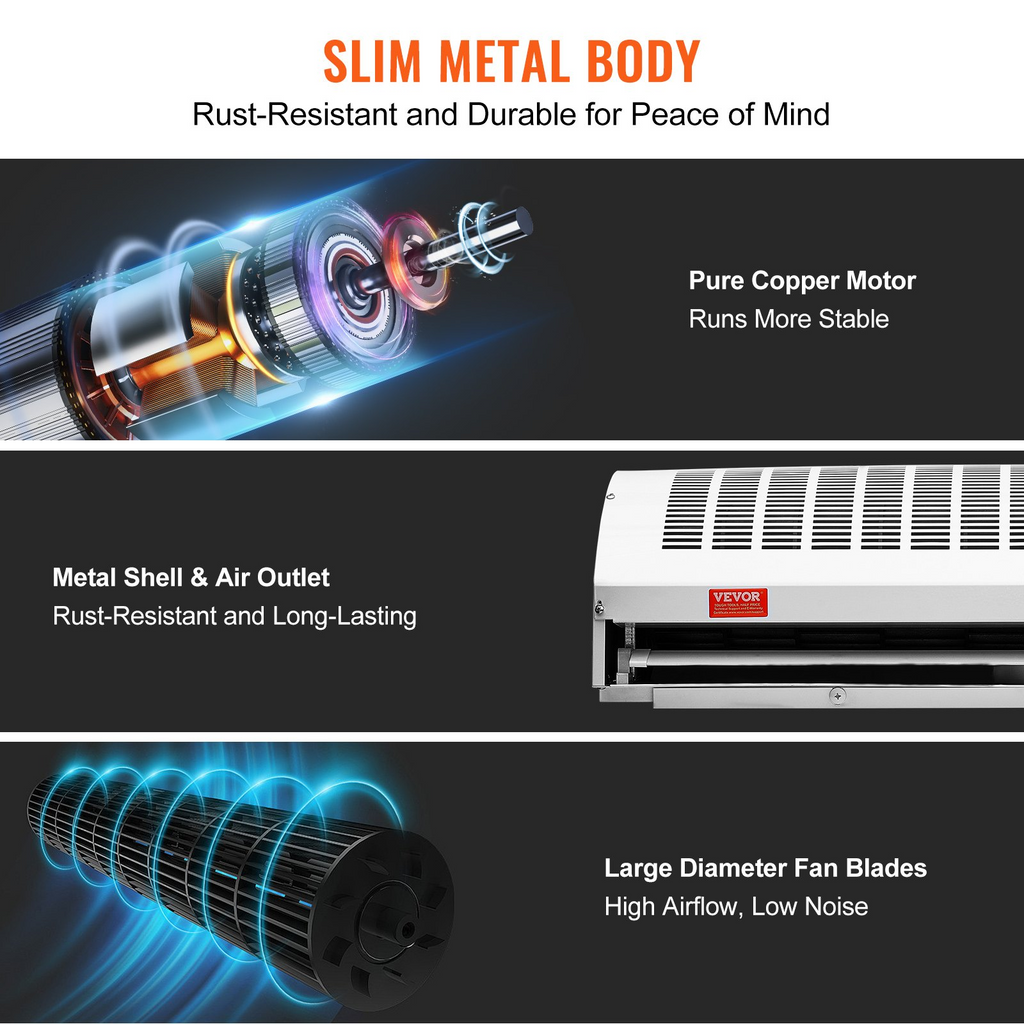 VEVOR Cortina de aire comercial para interiores de 42 pulgadas 2 velocidades, 1350 CFM, 110 V sin calefacción