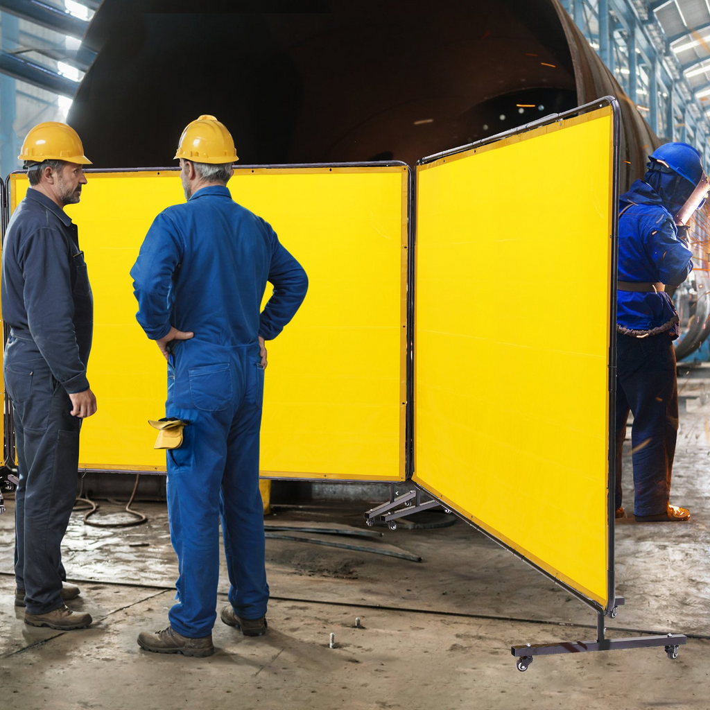 VEVOR Pantalla de soldadura con marco, 6' x 8' 3 paneles de cortina de soldadura, pantalla de protección de soldadura de vinilo resistente al fuego en 12 ruedas giratorias (6 bloqueables)