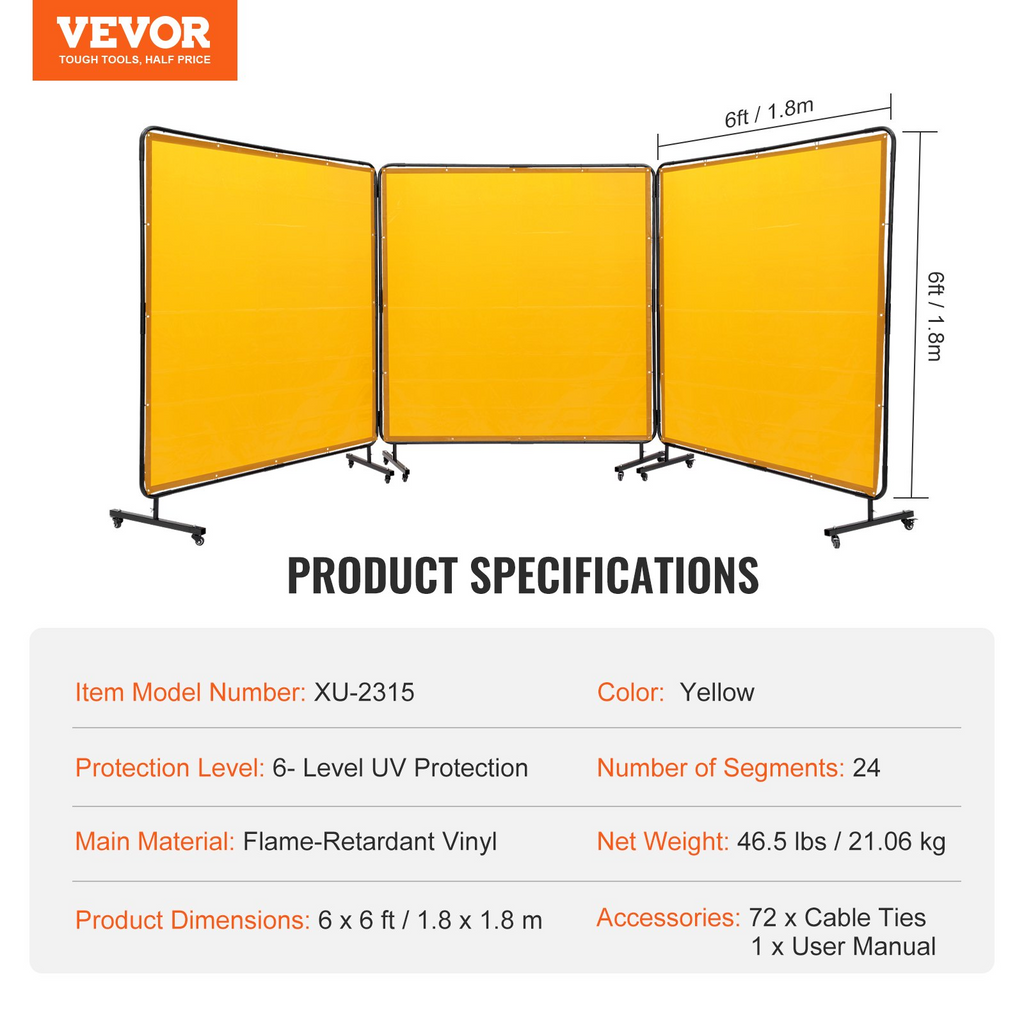 VEVOR Pantalla de soldadura con marco, 6' x 6' 3 paneles de cortina de soldadura, pantalla de protección de soldadura de vinilo resistente al fuego en 12 ruedas giratorias