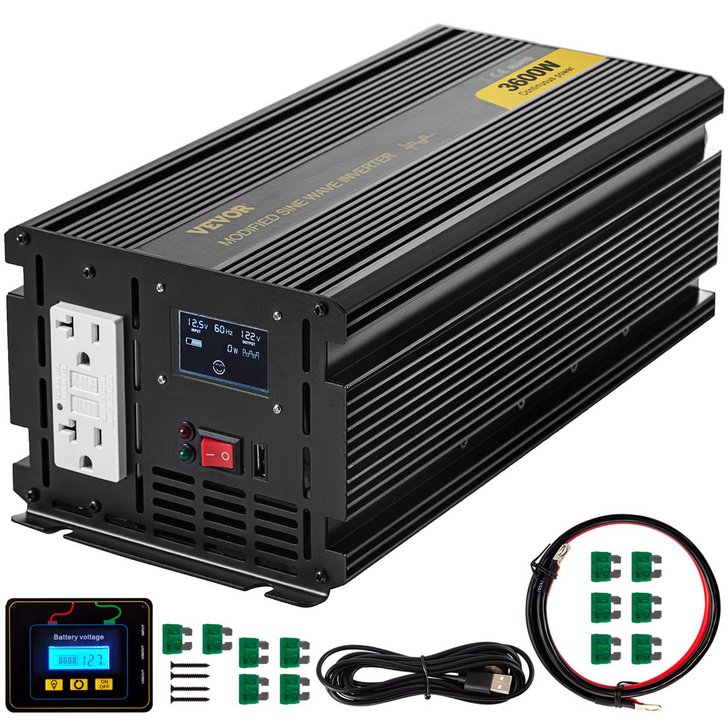 Inversor de corriente VEVOR, inversor de onda sinusoidal modificada de 3600 W, convertidor de coche de CC de 12 V a CA de 120 V, con pantalla LCD