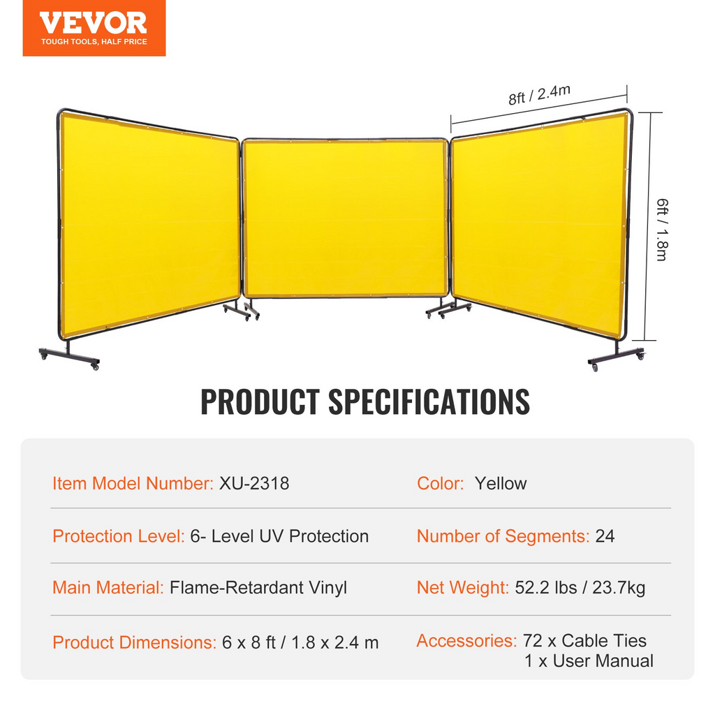 VEVOR Pantalla de soldadura con marco, 6' x 8' 3 paneles de cortina de soldadura, pantalla de protección de soldadura de vinilo resistente al fuego en 12 ruedas giratorias (6 bloqueables)