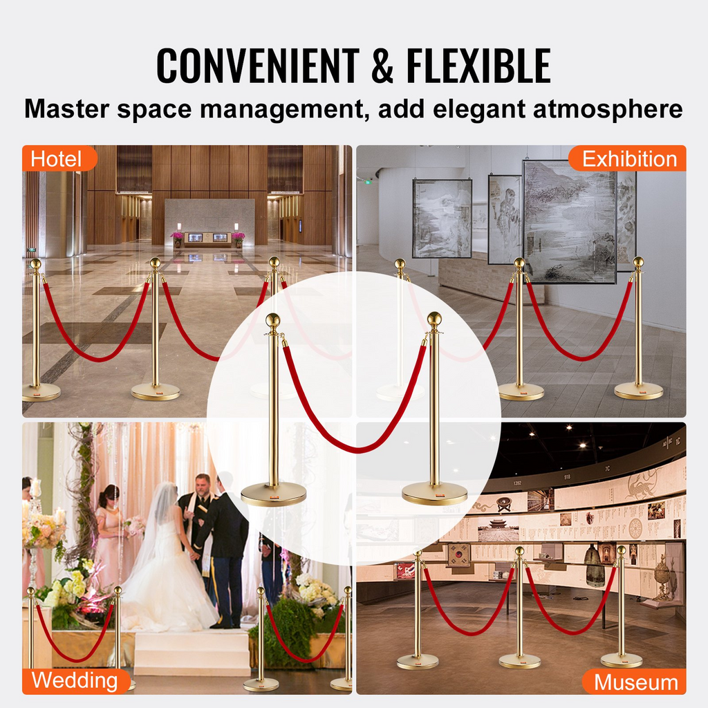 VEVOR Stanchion Post with Velvet Rope, 4-Pack Crowd Control Stanchion with 3PCS 5FT Red Velvet Ropes, Stainless Steel Queue Barrier Line Divider with Fillable Base & Ball Top for Wedding Museum Party