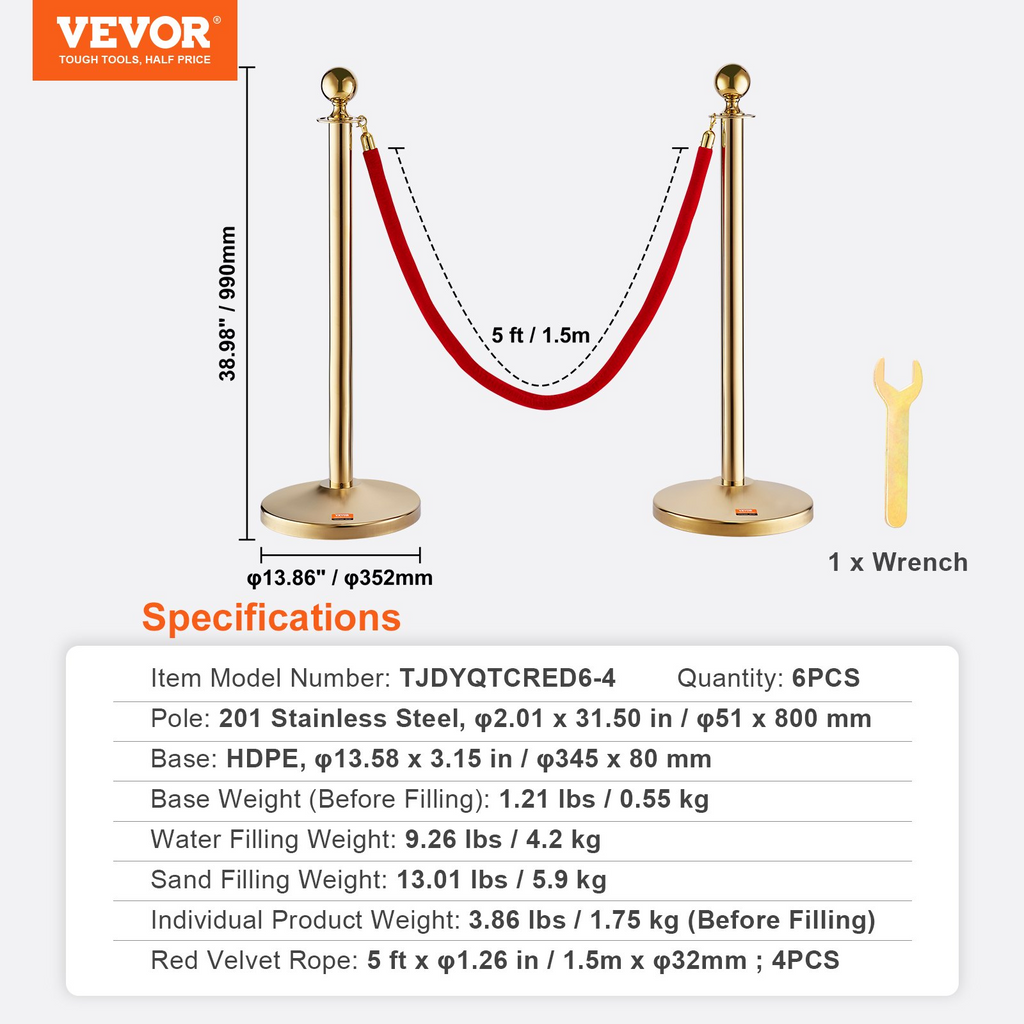 VEVOR Poste unifila con cuerda de terciopelo, paquete de 6 postes con 4 cuerdas de terciopelo rojo de 5 pies, divisor de línea de barrera de cola de acero inoxidable con base rellenable