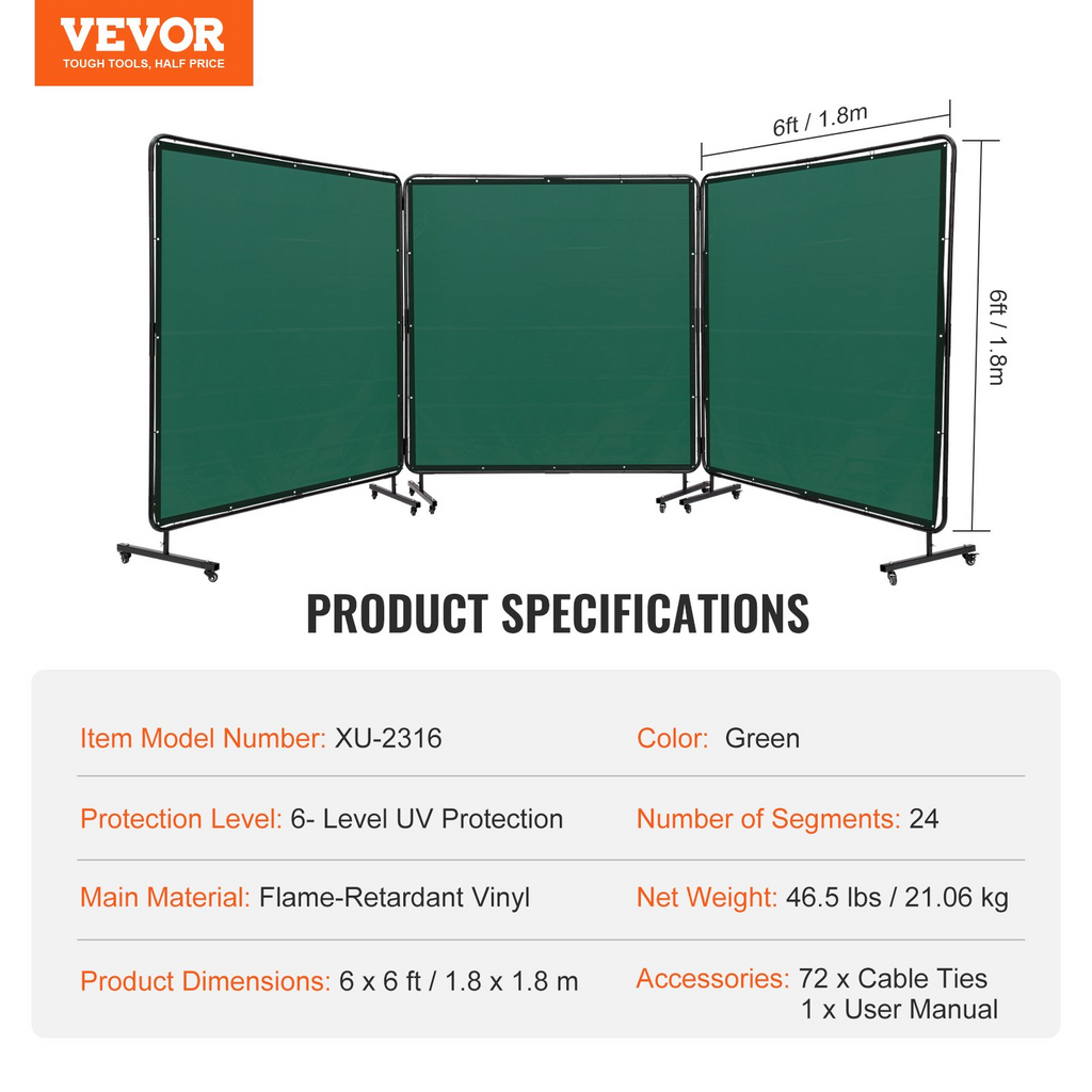 VEVOR Pantalla de soldadura con marco, 6' x 6' 3 paneles de cortina de soldadura, pantalla de protección de soldadura de vinilo resistente al fuego en 12 ruedas