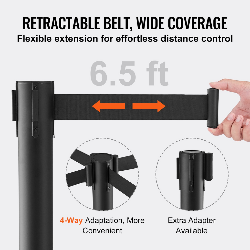 VEVOR Poste unifila, paquete de 6 barreras de control de multitudes de acero al carbono con 3 piezas de cinturón retráctil de 6.5 pies