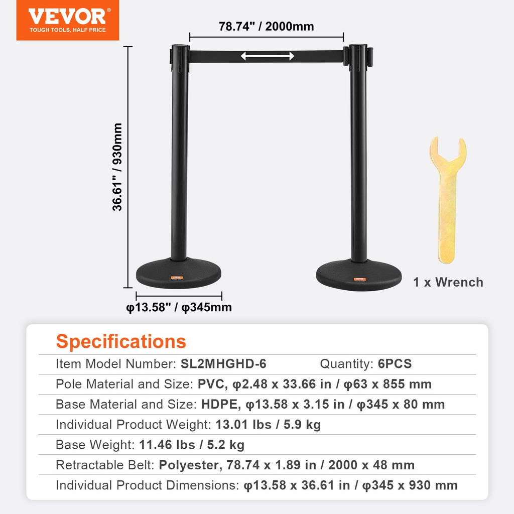 VEVOR Postes de control unifila paquete de 6 barreras de control con 3 cinturones retráctiles negros de 6.5 pies, postes de plástico