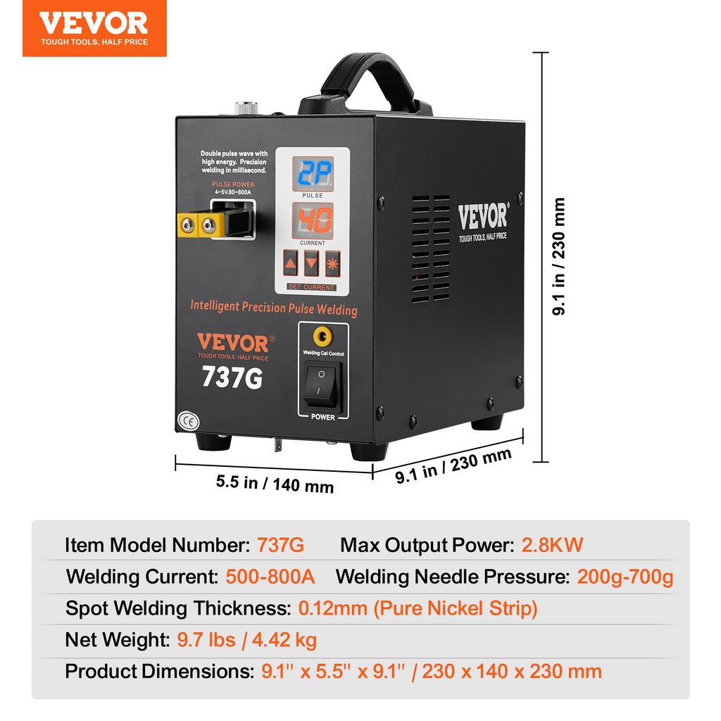 VEVOR Soldador por puntos de batería de pulso 737G, de alta potencia con 2 modos de soldadura e iluminación LED para níquel puro de 0,12 mm, paquete de baterías 18650 14500