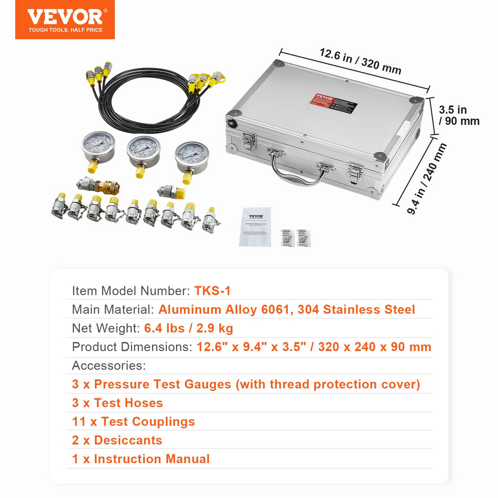 VEVOR Hydraulic Pressure Test Kit, 250/400/600bar, 3 Gauges 11 Test Couplings 3 Test Hoses, Excavator Hydraulic Test Gauge Set with Portable Carrying Case for Excavator Tractors Construction Machinery