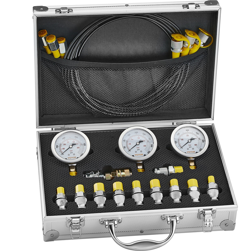 VEVOR Hydraulic Pressure Test Kit, 250/400/600bar, 3 Gauges 11 Test Couplings 3 Test Hoses, Excavator Hydraulic Test Gauge Set with Portable Carrying Case for Excavator Tractors Construction Machinery