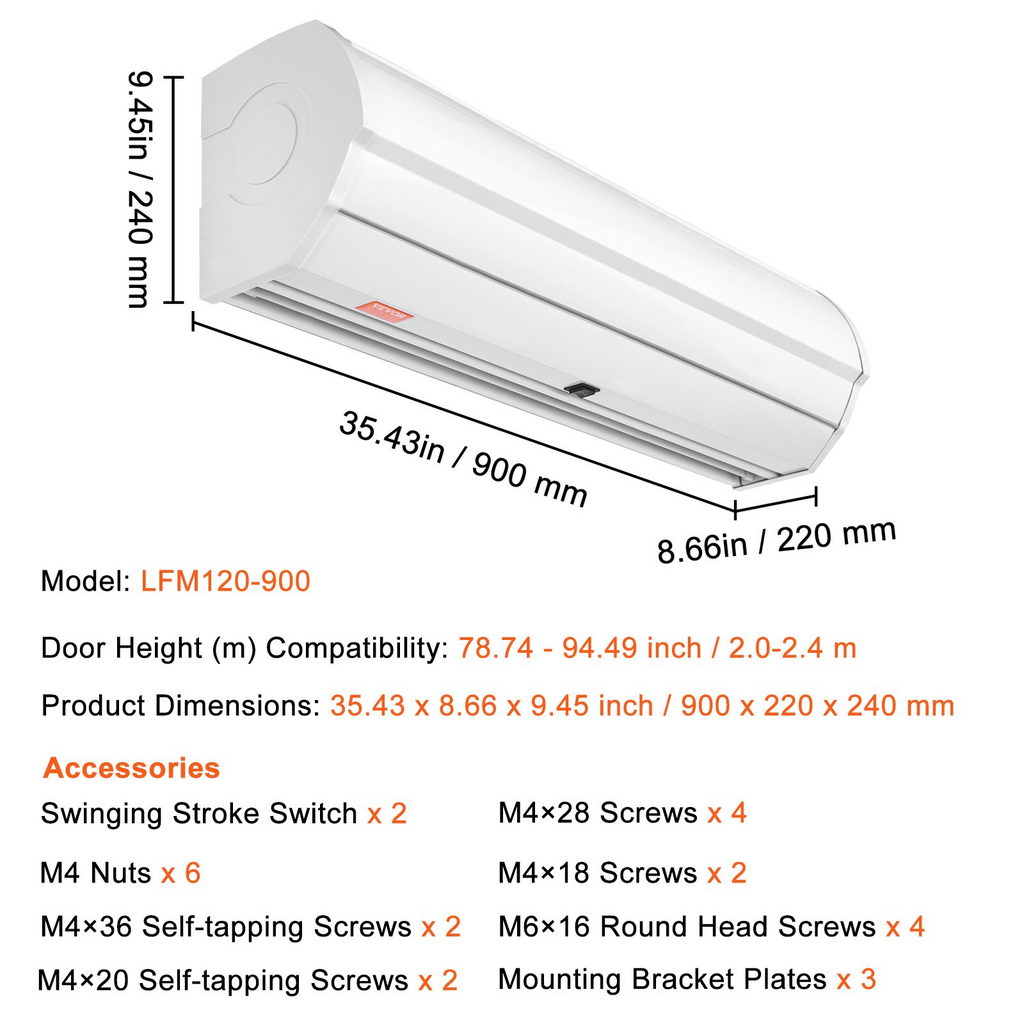 VEVOR Cortina de aire comercial para interiores de 36 pulgadas, superpotencia, 2 velocidades, 900 CFM, cortinas de aire montadas en la pared para puertas 110 V sin calefacción