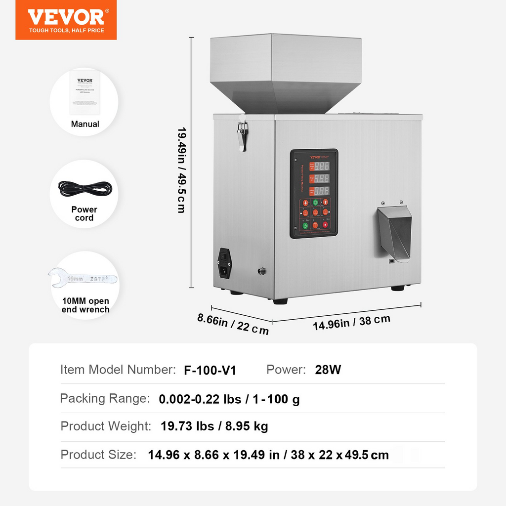 VEVOR Máquina de llenado de polvo, 0.002-0.22lbs/1-100g  llenado de pesaje de partículas inteligente llenado de polvo  para semillas de té, granos, harina en polvo, frijoles, purpurina