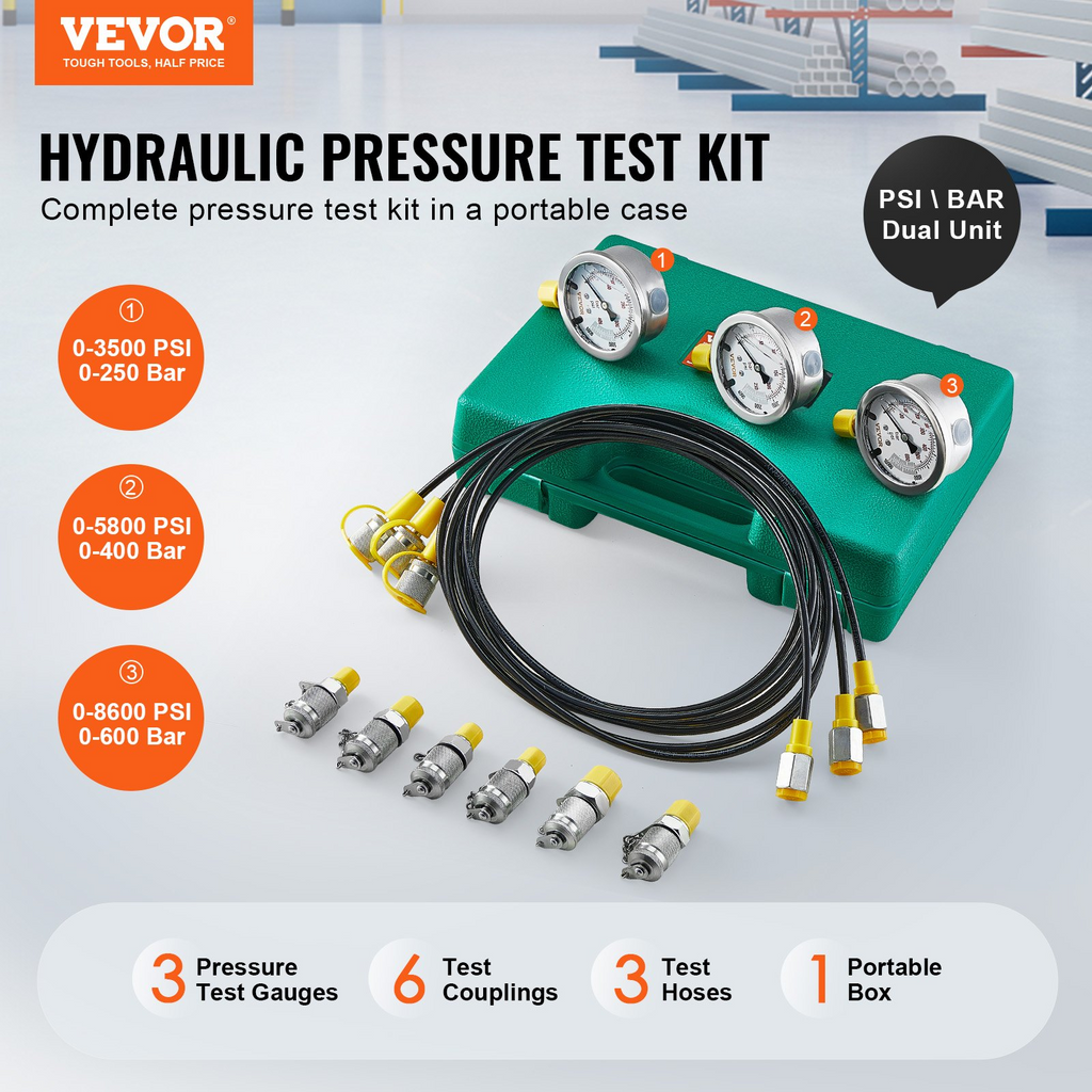 VEVOR Hydraulic Pressure Test Kit, 250/400/600bar, 3 Gauges 6 Test Couplings 3 Test Hoses, Excavator Hydraulic Test Gauge Set with Portable Carrying Case for Excavator Tractors Construction Machinery