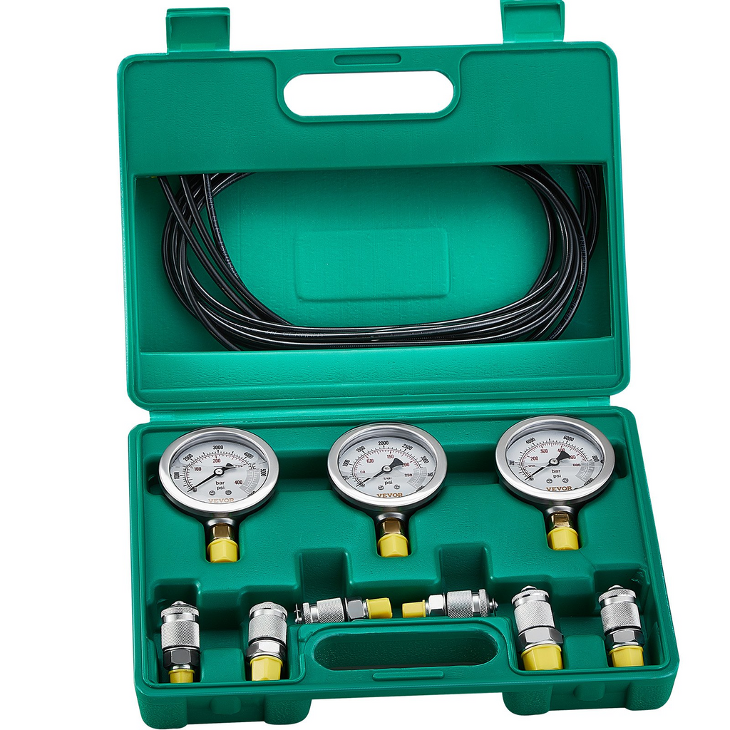 VEVOR Hydraulic Pressure Test Kit, 250/400/600bar, 3 Gauges 6 Test Couplings 3 Test Hoses, Excavator Hydraulic Test Gauge Set with Portable Carrying Case for Excavator Tractors Construction Machinery