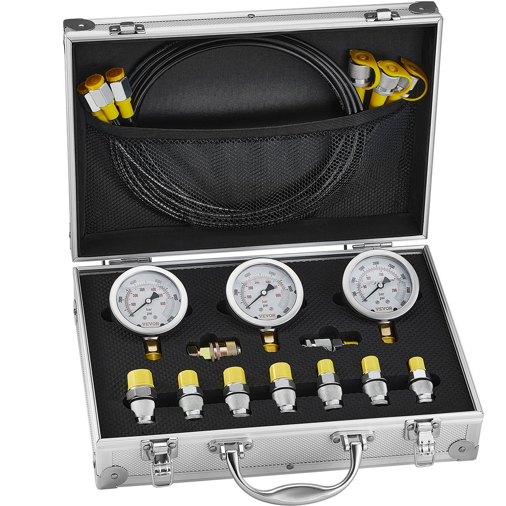 VEVOR Hydraulic Pressure Test Kit, 250/400/600bar, 3 Gauges 9 Test Couplings 3 Test Hoses, Excavator Hydraulic Test Gauge Set with Portable Carrying Case for Excavator Tractors Construction Machinery