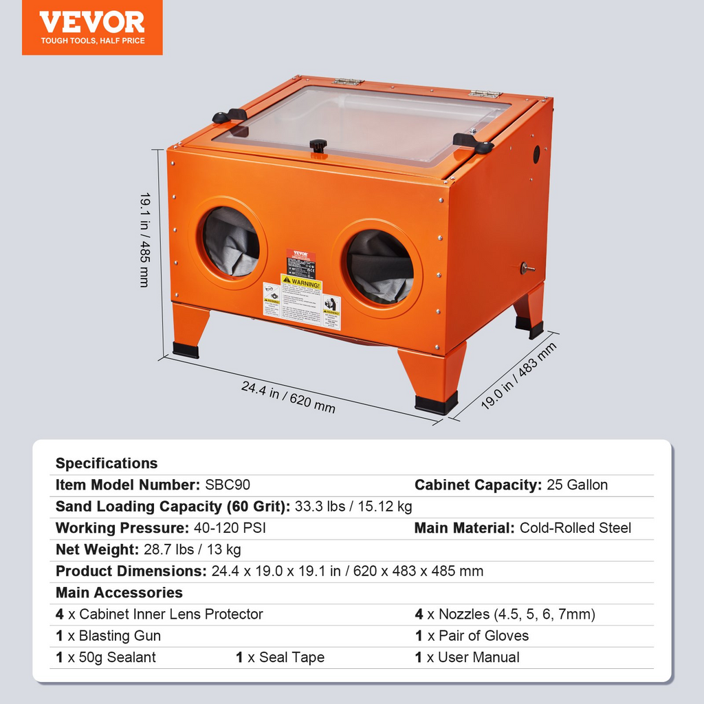 VEVOR Gabinete de chorro de arena de 25 galones, portátil de 40-120 PSI, de acero resistente con pistola de chorro y 4 boquillas de cerámica