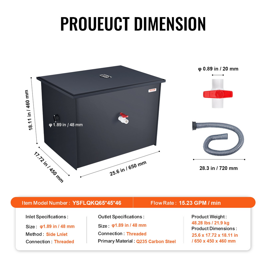 VEVOR trampa interceptora de grasa comercial 40LBS Filtro de aguas residuales de acero al carbono