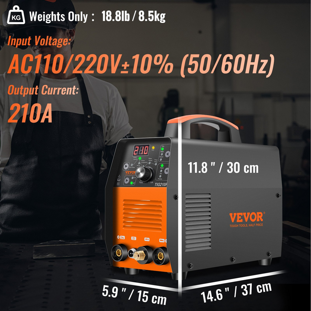 VEVOR Soldadora inversora TIG de 210 Amp Soldador TIG 3 en 1, 110/220 V  TIG/Stick/Soldadora Limpia con Pulso, Inversor IGBT y Antorcha, Soldador de Arco Digital