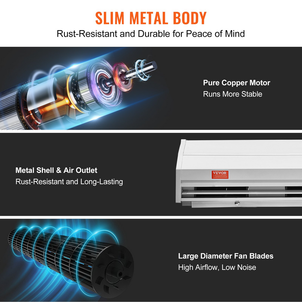 VEVOR Cortina de aire comercial para interiores de 48 pulgadas, superpotencia, 2 velocidades, 1200 CFM 110 V sin calefacción