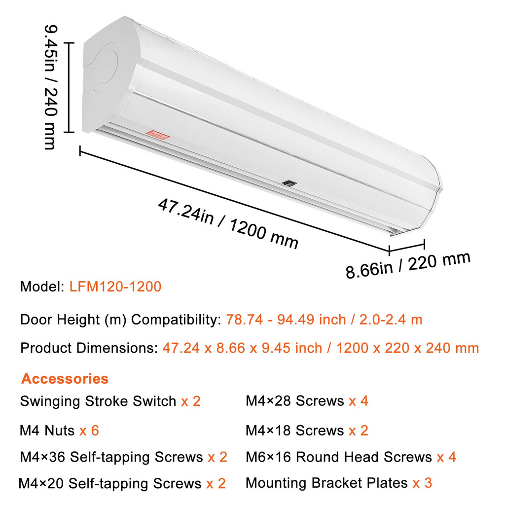 VEVOR Cortina de aire comercial para interiores de 48 pulgadas, superpotencia, 2 velocidades, 1200 CFM 110 V sin calefacción