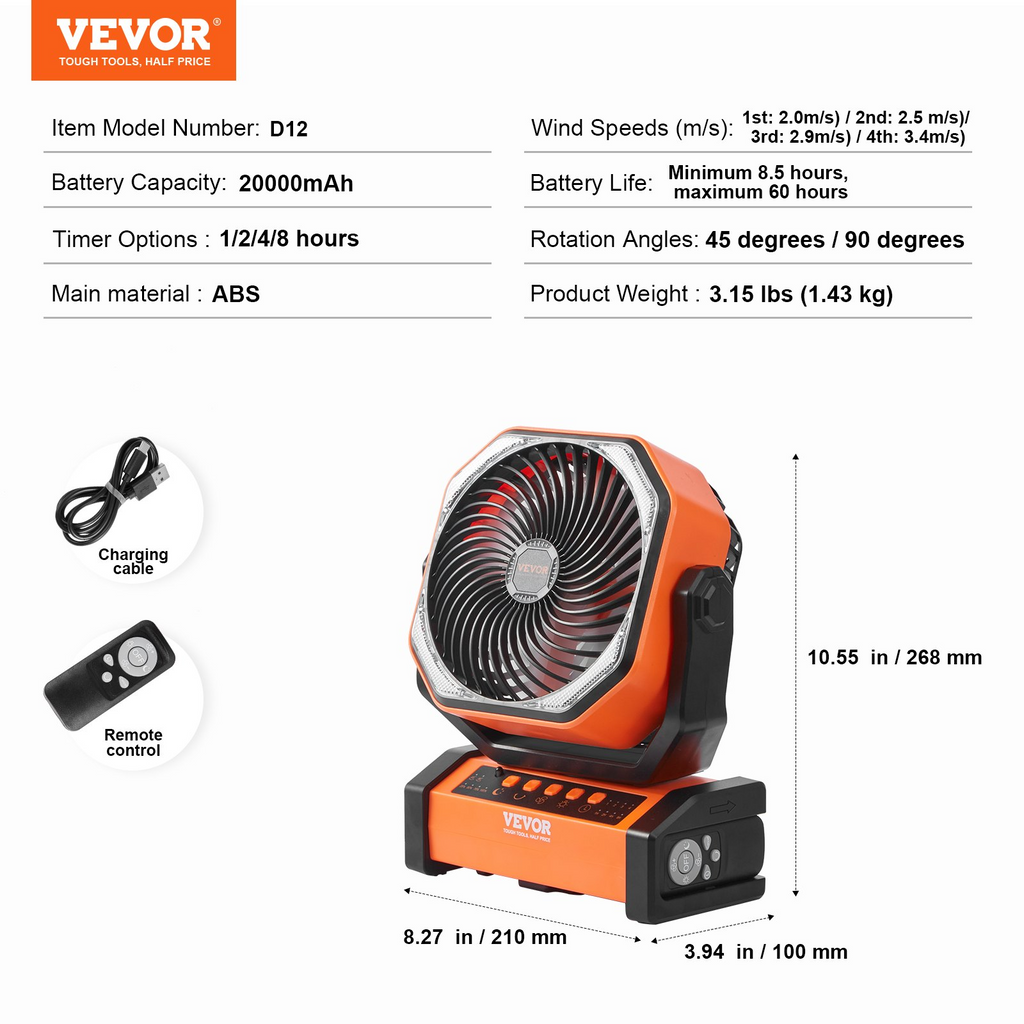 VEVOR Portable Fan Rechargeable 9 inch, Battery Powered Fan with LED Lantern, 4 Speeds Adjustable & 45°/90°Automatic Swivel & Timer , USB Battery Operated Fans for Travel Bedroom Home Camping Office