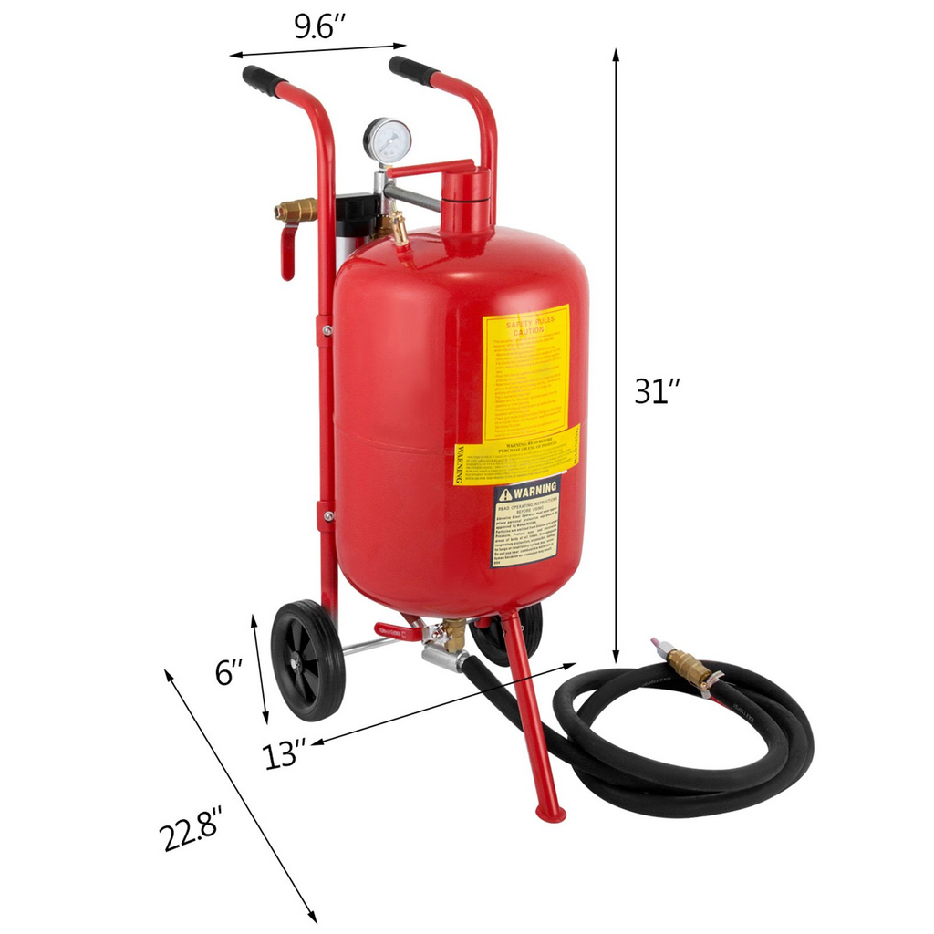 VEVOR Chorro de arena de 10 gal/40 l equipado con válvula de cierre de boquilla Manómetro Boquilla de cerámica Manguera de 2,5 m Embudo de llenado Trampa de agua Ruedas de goma de 6"