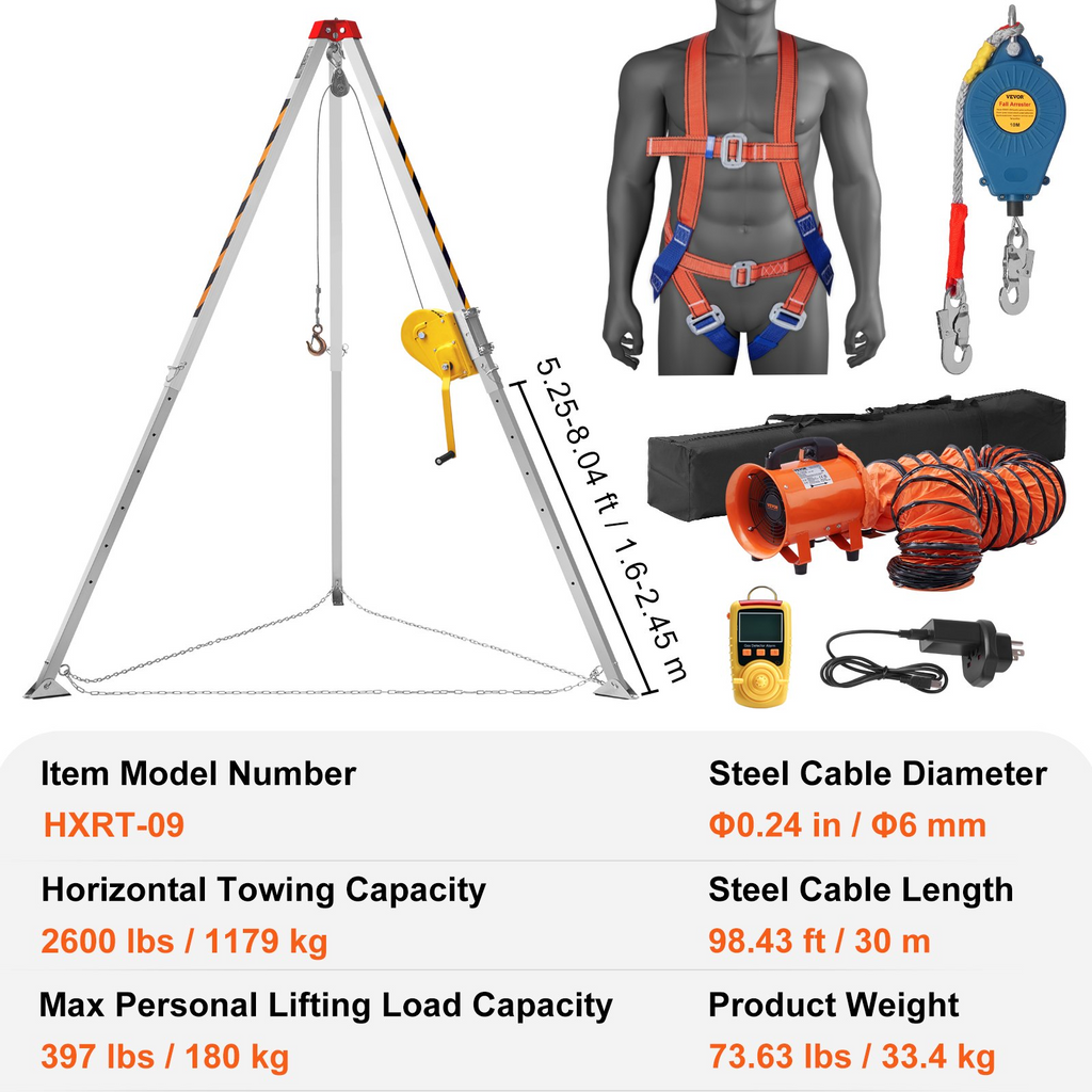 VEVOR 2600 lbs Winch Confined Space Tripod Kit, Confined Space Tripod 8' Legs and 98' Cable, Confined Space Rescue Tripod 33' Fall Protection with Blower, Gas detector, Harness.