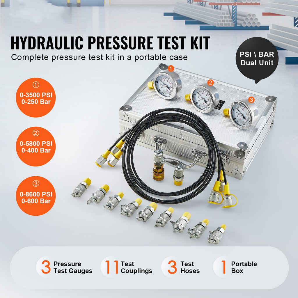 VEVOR Hydraulic Pressure Test Kit, 250/400/600bar, 3 Gauges 11 Test Couplings 3 Test Hoses, Excavator Hydraulic Test Gauge Set with Portable Carrying Case for Excavator Tractors Construction Machinery