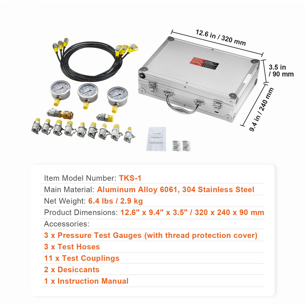 VEVOR Hydraulic Pressure Test Kit, 250/400/600bar, 3 Gauges 11 Test Couplings 3 Test Hoses, Excavator Hydraulic Test Gauge Set with Portable Carrying Case for Excavator Tractors Construction Machinery