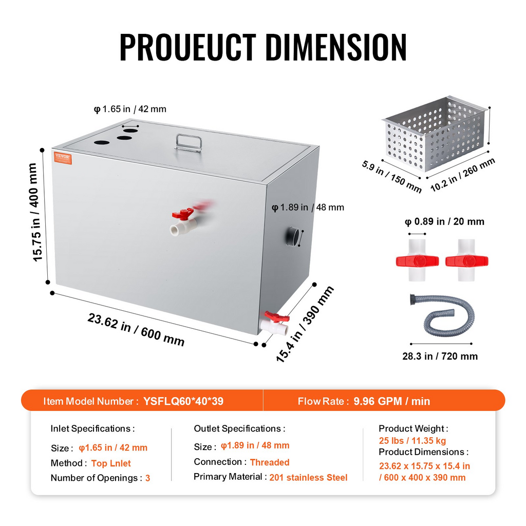 VEVOR Trampa de grasa comercial capacidad 40 libras acero inoxidable  10 GPM  para restaurante, cantina, cocina casera