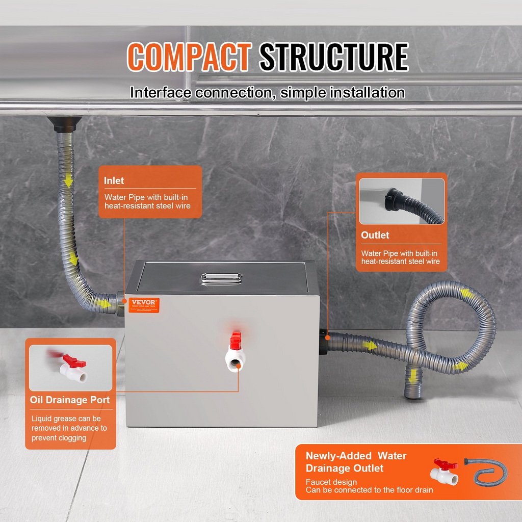 VEVOR Trampa de grasa comercial interceptor de grasa de 8 libras acero inoxidable debajo del fregadero, separador de agua y aceite de aguas residuales de 2,8 GPM