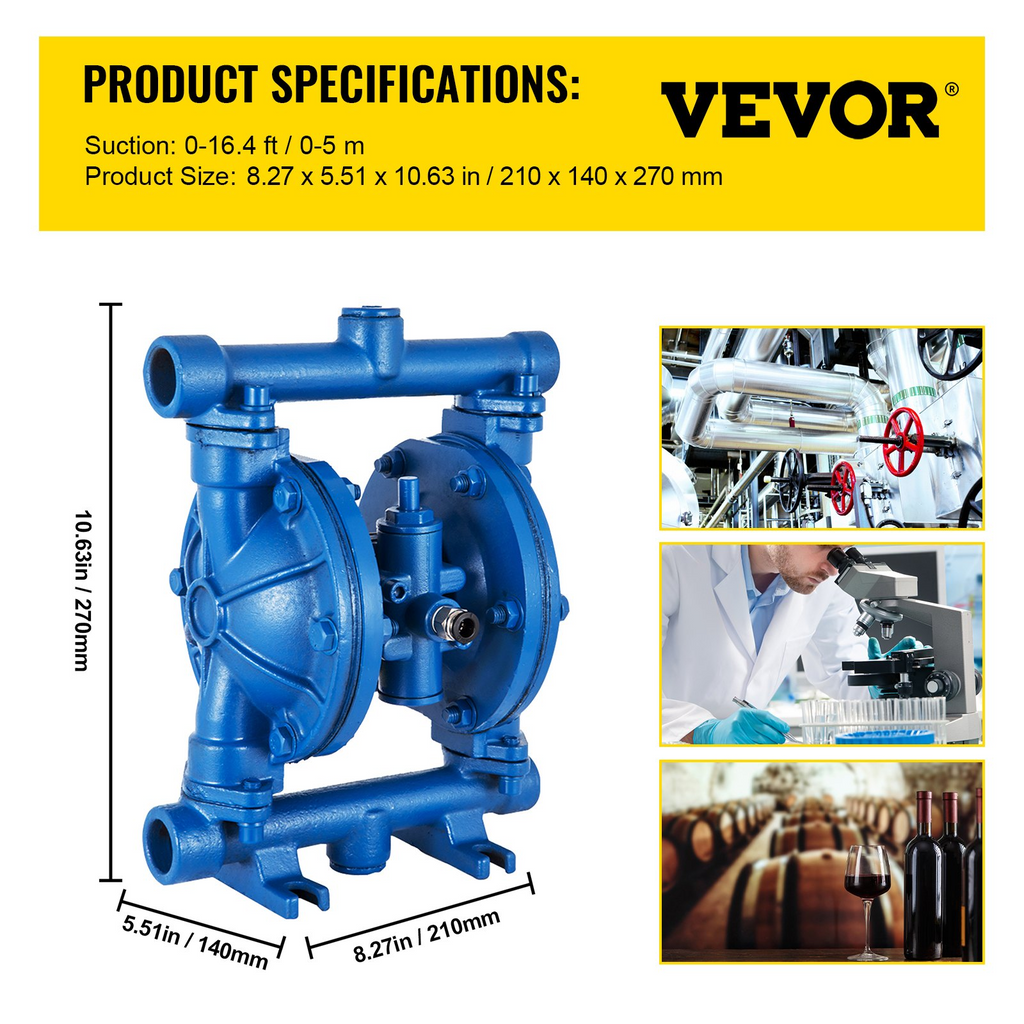 VEVOR Air-Operated Double Diaphragm Pump, 1/2 in Inlet & Outlet, Cast Iron Body, 3 GPM & Max 90 PSI, Nitrile Diaphragm Pneumatic Transfer Pump for Petroleum, Diesel, Oil & Low Viscosity Fluids