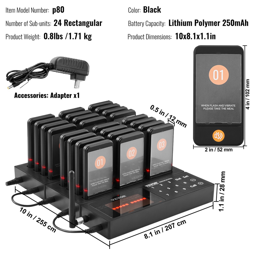 VEVOR Sistema de buscapersonas para restaurante, señal inalámbrica de cola de espera de alineación de 400 m de largo alcance con vibración y parpadeo, 24 zumbadores