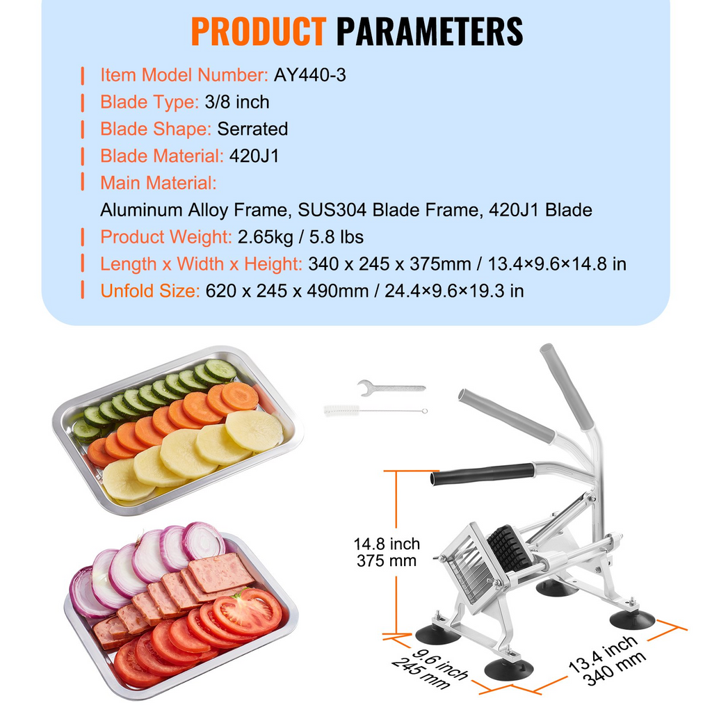 VEVOR Cortadora de verduras comercial, de 3/8 pulgadas, de acero inoxidable y aleación de aluminio, con pies antideslizantes