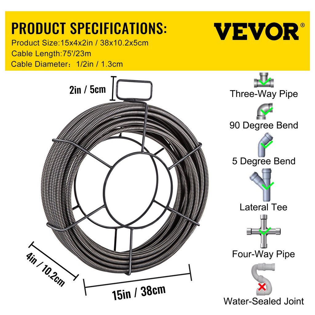 VEVOR Cable de alcantarillado de limpieza de drenaje de 75 pies y 1/2 pulgada Tubo de serpiente de barrena