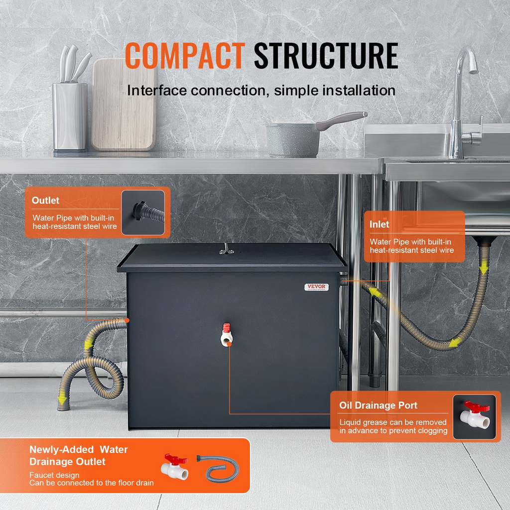 VEVOR trampa interceptora de grasa comercial 30LBS Filtro de aguas residuales de acero al carbono