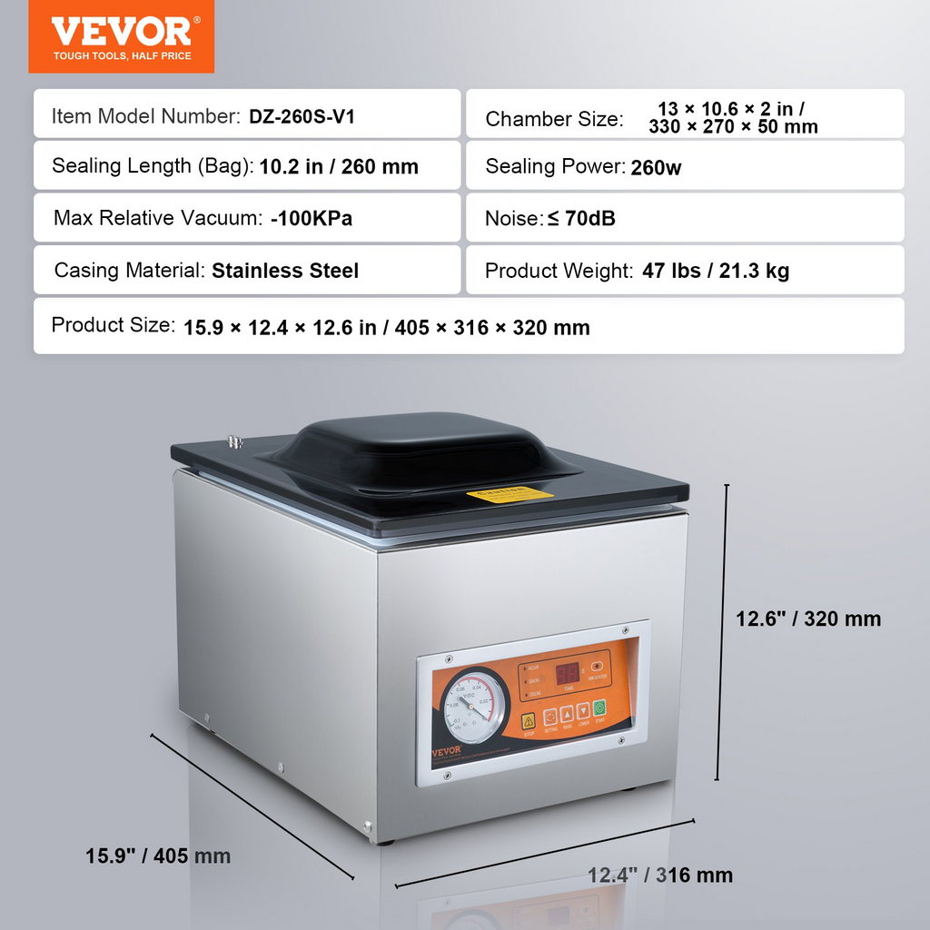 VEVOR Sellador al vacío de cámara potencia de sellado de 260 W tamaño compacto con longitud de sellado de 10,2 pulgadas