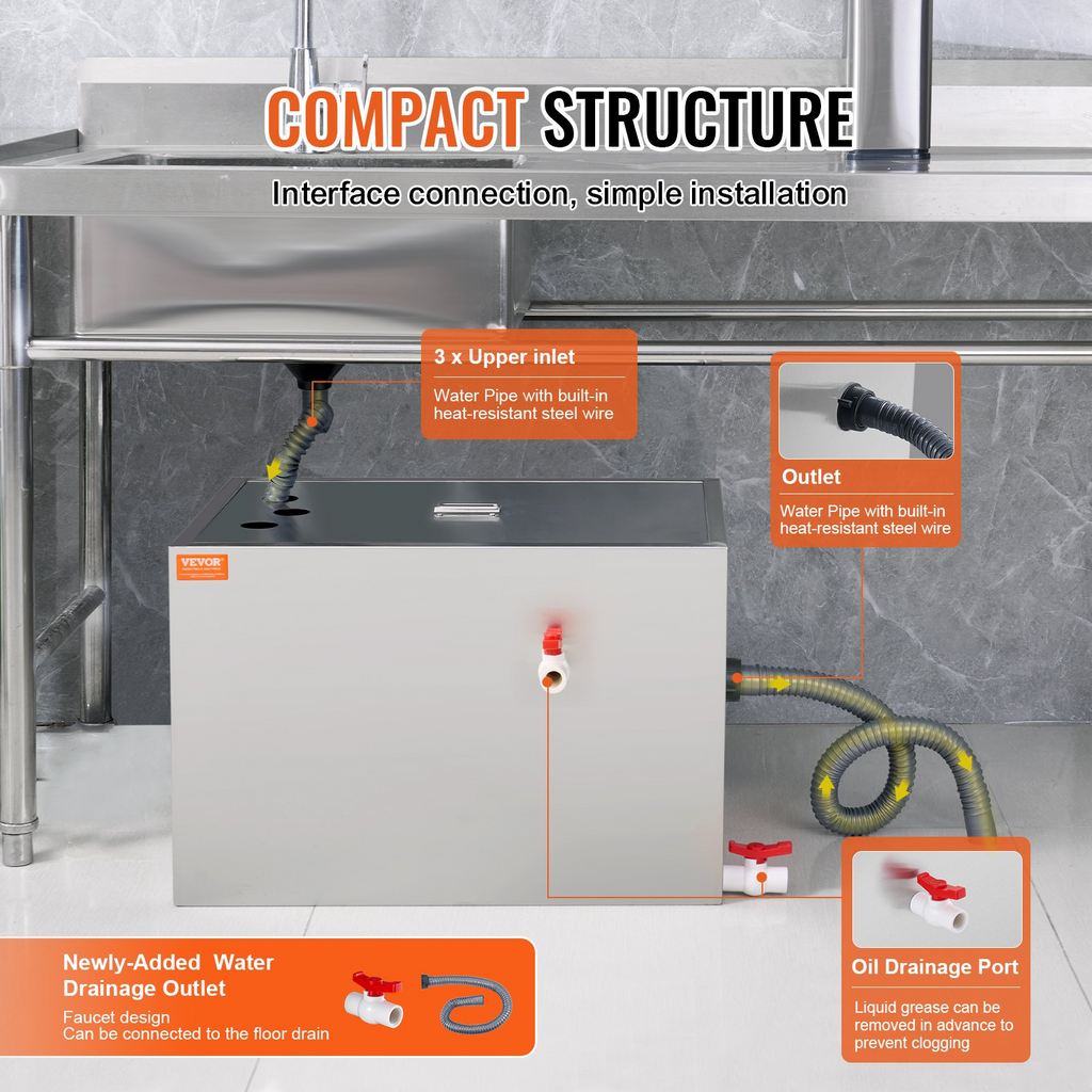 VEVOR Trampa de grasa comercial capacidad 40 libras acero inoxidable  10 GPM  para restaurante, cantina, cocina casera