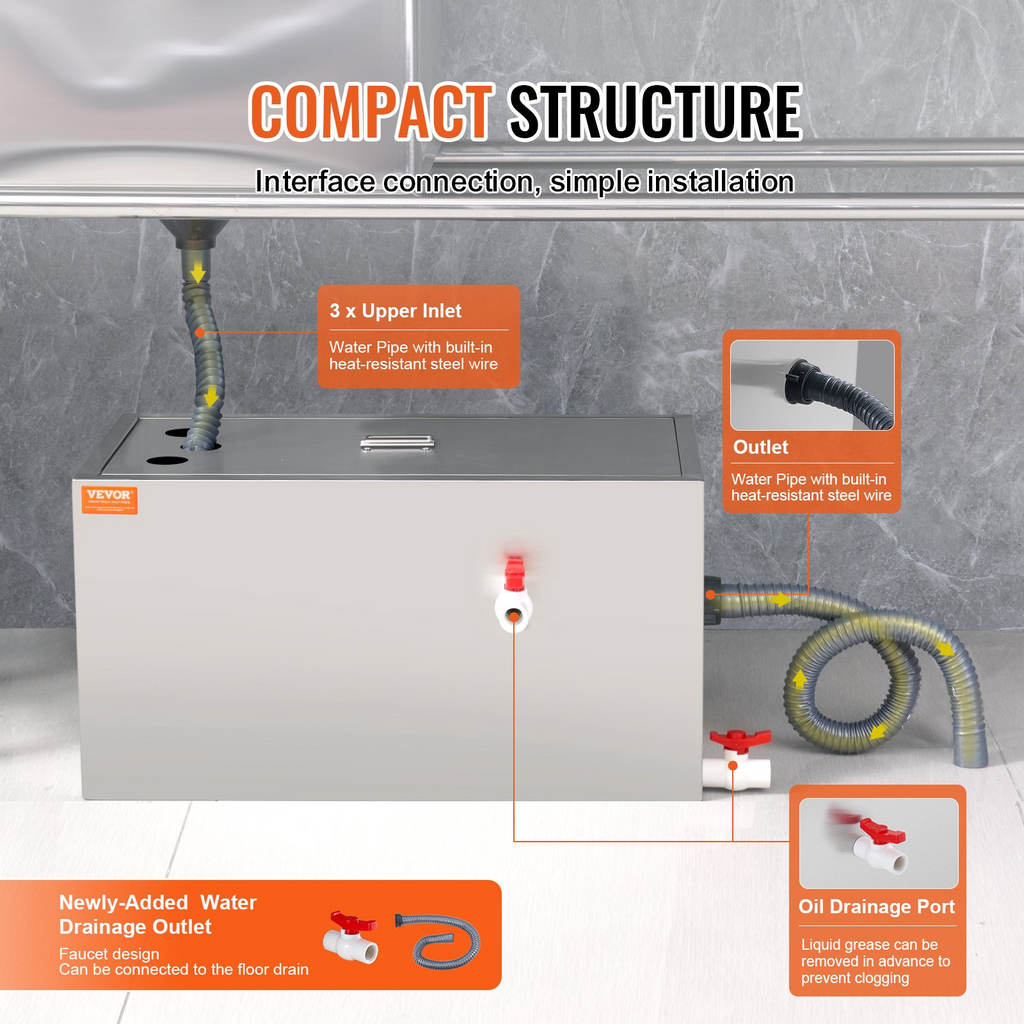 VEVOR Trampa de grasa comercial capacidad 25 libras acero inoxidable de 6,4 GPM, para restaurante, cantina, cocina casera