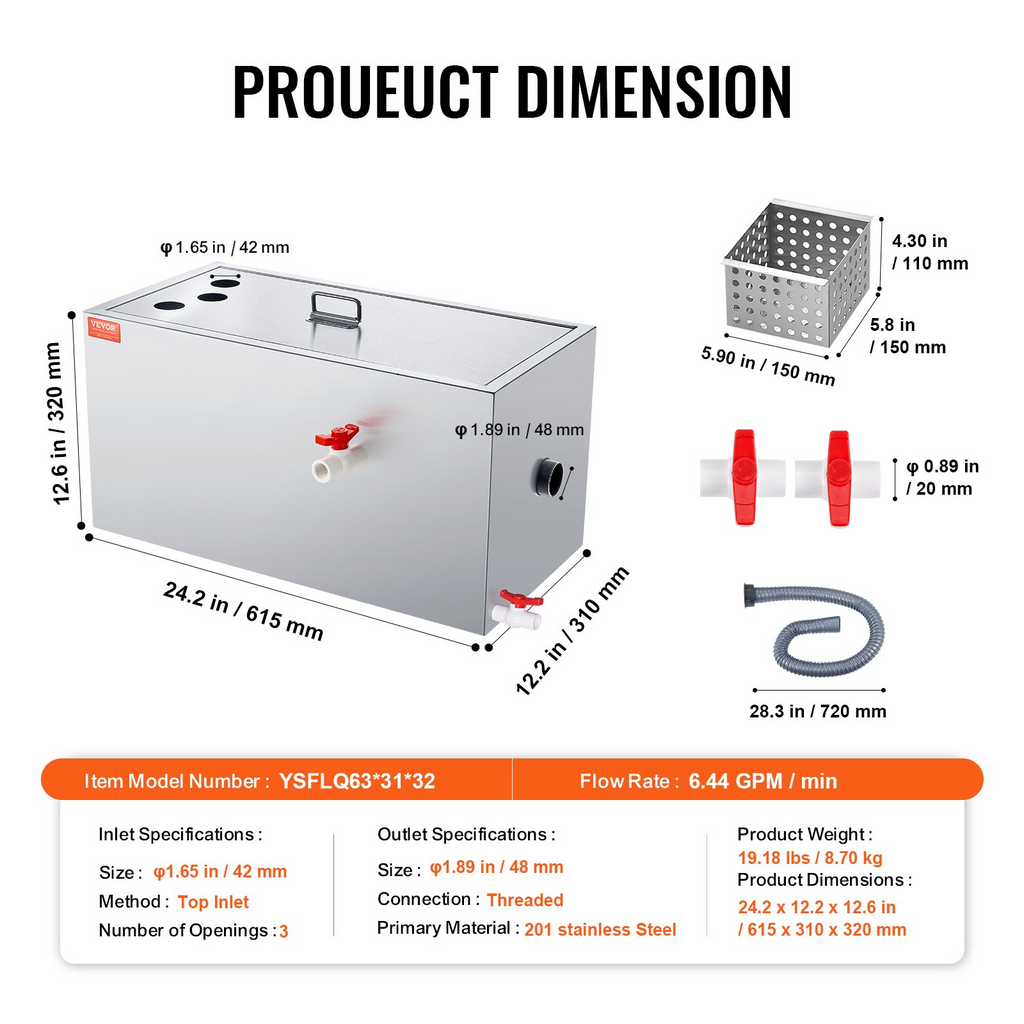 VEVOR Trampa de grasa comercial capacidad 25 libras acero inoxidable de 6,4 GPM, para restaurante, cantina, cocina casera