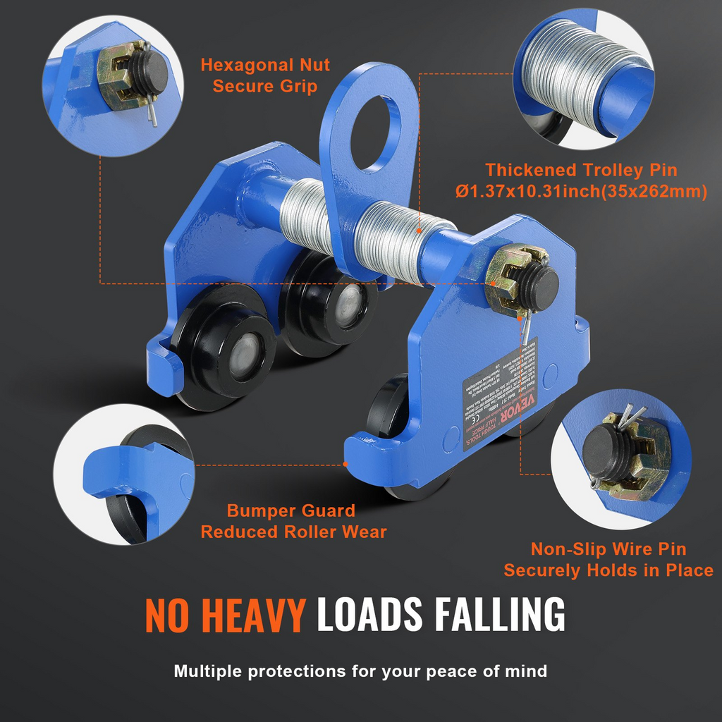 VEVOR Carro manual, capacidad de carga de 6600 lbs/3 toneladas, carro de viga de empuje con ruedas dobles, ajustable para ancho de brida de viga en I de 2.5" a 7"