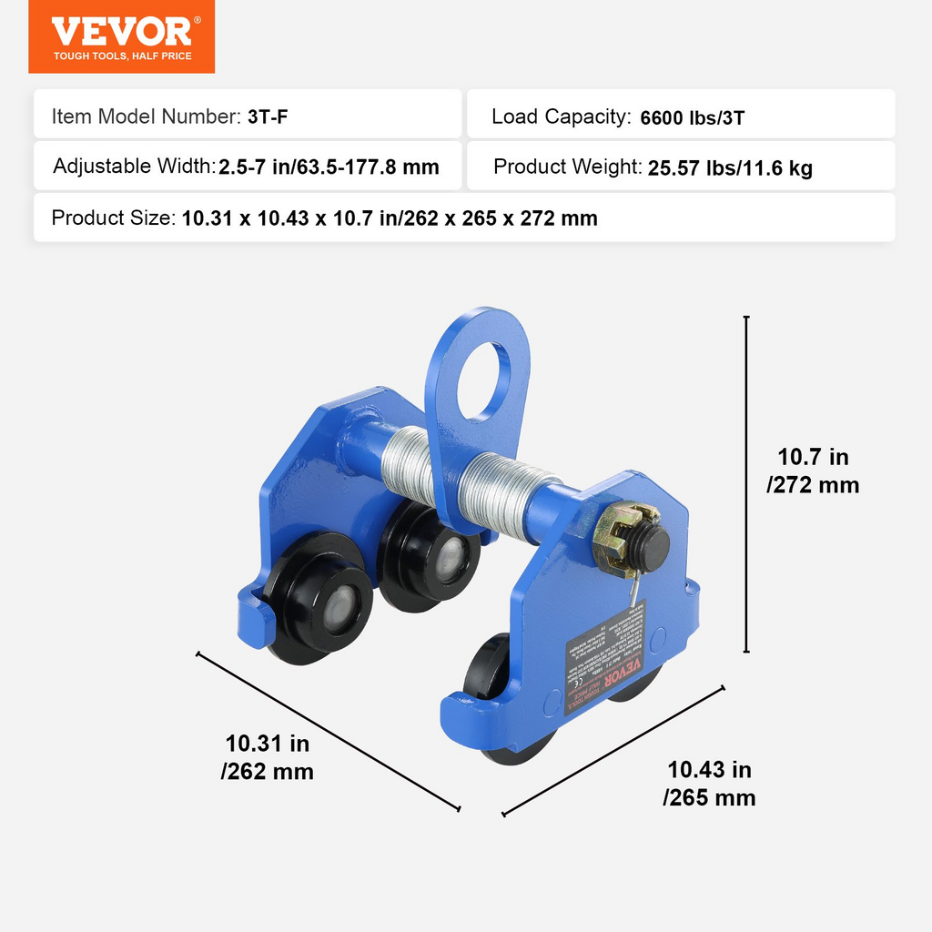 VEVOR Carro manual, capacidad de carga de 6600 lbs/3 toneladas, carro de viga de empuje con ruedas dobles, ajustable para ancho de brida de viga en I de 2.5" a 7"